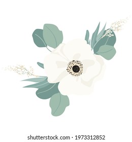 Bouquet of beautiful spring flowers. White flowers, leaves and branches. Flat isolated vector illustration.