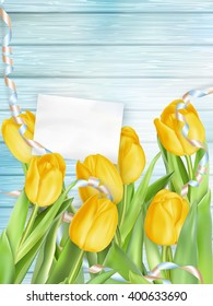 Bouquet of beautiful tulips with a card. March 8, valentines day, mothers day. EPS 10 vector file included