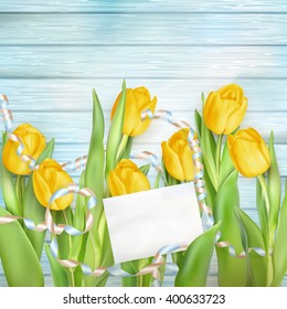 Bouquet of beautiful tulips with a card. March 8, valentines day, mothers day. EPS 10 vector file included