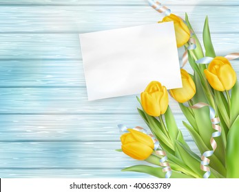 Bouquet of beautiful tulips with a card. March 8, valentines day, mothers day. EPS 10 vector file included