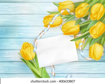 Bouquet of beautiful tulips with a card. March 8, valentines day, mothers day. EPS 10 vector file included