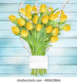 Bouquet of beautiful tulips with a card. March 8, valentines day, mothers day. EPS 10 vector file included