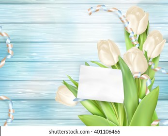 Bouquet of beautiful tulips with a card. March 8, valentines day, mothers day. EPS 10 vector file included