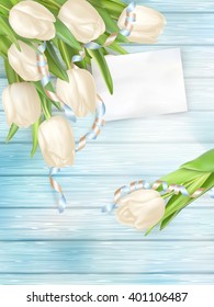 Bouquet of beautiful tulips with a card. March 8, valentines day, mothers day. EPS 10 vector file included