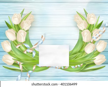 Bouquet of beautiful tulips with a card. March 8, valentines day, mothers day. EPS 10 vector file included