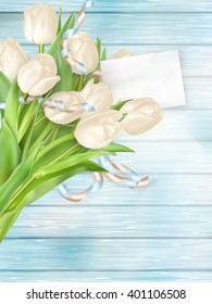 Bouquet of beautiful tulips with a card. March 8, valentines day, mothers day. EPS 10 vector file included