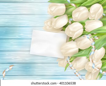 Bouquet of beautiful tulips with a card. March 8, valentines day, mothers day. EPS 10 vector file included