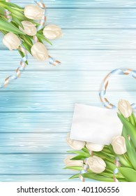 Bouquet of beautiful tulips with a card. March 8, valentines day, mothers day. EPS 10 vector file included
