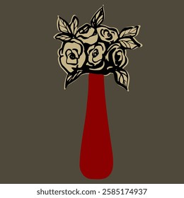 A bouquet of beige roses with black outline in a burgundy minimalist vase. Botanical retro postcard. Illustration of a stylish decor element.