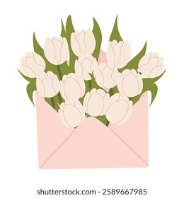 Bouquet of beige tulips in envelope. Spring mood. Floral illustration in a soft, elegant style for spring holidays and Mother's Day. Vector illustration
