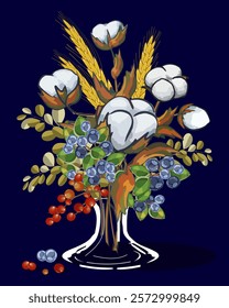 A bouquet of berries and cotton branches.Vector illustration with a bouquet of berries, leaves and cotton branches in a transparent vase on a blue background.