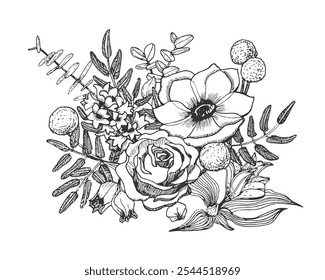 Buquê de flores preto e branco isolado no fundo branco. Composição de anêmona, rosa, jacinto, alstroemeria e craspedia com folhas. Ilustração de casamento vetorial desenhada à mão com tinta