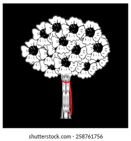 bouquet of black and white poppies with red ribbon