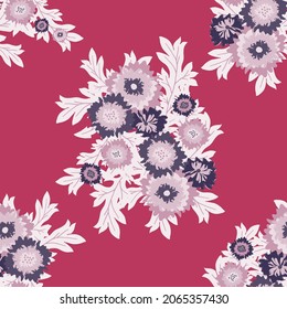 Bouquet of blanket flowers vector seamless botanical pattern background. Elegant groups of wild meadow flowers on on magenta backdrop. Historical style geometric modern hand drawn floral luxury repeat