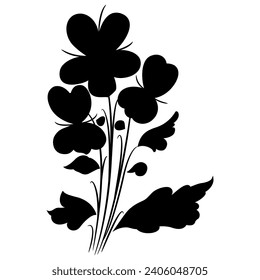 Bouquet of blooming branches of wild pansy or viola tricolor flower. Medieval illuminated manuscript art. Cute floral motif. Black silhouette on white background.