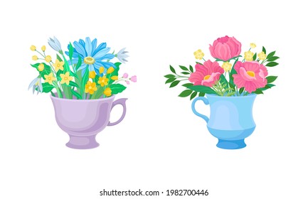 Bouquet of Blooming Flowers in Ceramic Vase with Handle Vector Set