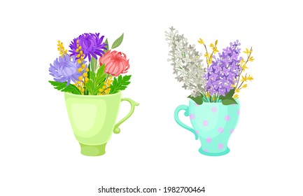 Bouquet of Blooming Flowers in Ceramic Vase with Handle Vector Set