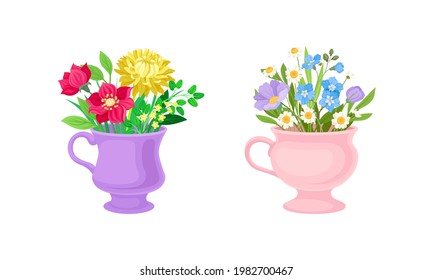 Bouquet of Blooming Flowers in Ceramic Vase with Handle Vector Set