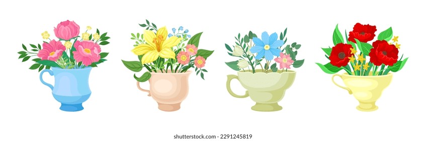 Bouquet of Blooming Flowers in Ceramic Vase with Handle Vector Set