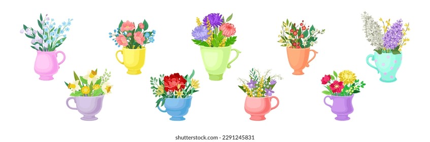 Bouquet of Blooming Flowers in Ceramic Vase with Handle Vector Set