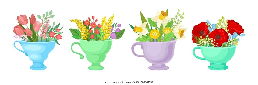 Bouquet of Blooming Flowers in Ceramic Vase with Handle Vector Set