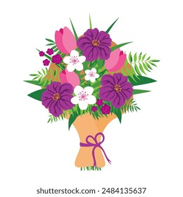 bouquet with blooming flowers isolated on white background in flat cartoon style, vector illustration of garden flowers wrapped in craft paper for holidays, birthday etc