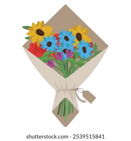 Bouquet with blooming flowers isolated on white background in trendy flat cartoon style. Vector illustration of hand drawn wild and garden flowers wrapped in craft paper for holidays.