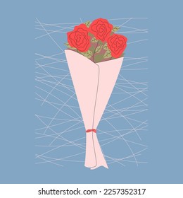 Bouquet with blooming flowers roses isolated on white background in trendy flat cartoon style. Vector illustration of hand drawn wild and garden flowers wrapped in craft paper for holidays, Birthday