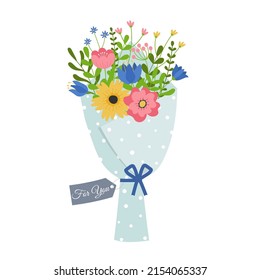 Bouquet with blooming flowers wrapped in craft paper. Florist composition for holiday celebration. Design element for greeting card, invitation, stickers, postcard, poster, print