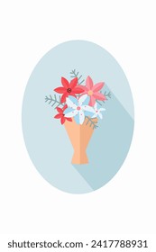 Bouquet with blooming flowers wrapped in craft paper. Florist composition for holiday celebration.