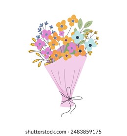 Bouquet with blooming flowers wrapped in craft paper. Florist composition for holiday celebration. Design element for greeting card, invitation, stickers, postcard, poster, print