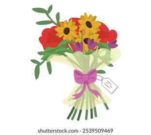 Bouquet with blooming flowers wrapped in craft paper. Florist composition for holiday celebration. Design element for greeting card. vector illustration with white background.