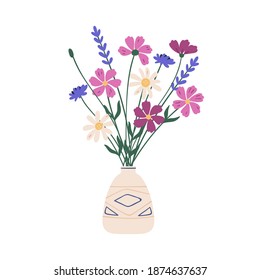 Bouquet of blooming meadow flowers in ceramic vase. Floristic composition of daisy, lavender and cosmos plants. Spring bunch of cut fresh wildflowers. Vector illustration in flat cartoon style