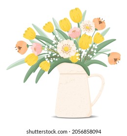 Bouquet of blooming spring flowers in pitcher. vector illustration on white background.