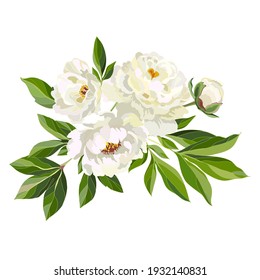 Bouquet of blooming white peonies. Decorative element for creating a wedding invitation.