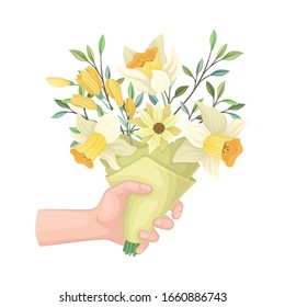 Bouquet of Blossoming Flowers in Craft Paper Wrapping Clutched in Hand Vector Illustration