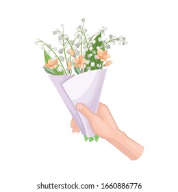 Bouquet of Blossoming Flowers in Craft Paper Wrapping Clutched in Hand Vector Illustration