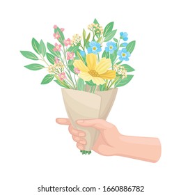 Bouquet of Blossoming Flowers in Craft Paper Wrapping Clutched in Hand Vector Illustration
