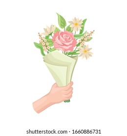 Bouquet of Blossoming Flowers with Rose in Craft Paper Wrapping Clutched in Hand Vector Illustration