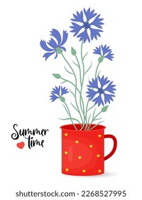 Bouquet of blue cornflowers. Beautiful flowers in cup. Poster summer Time. Vector illustration. Blue wildflower for design and decor, prints, postcards, covers