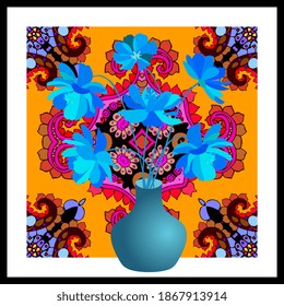 A bouquet of blue cosmos flowers in a vase against the background of a beautiful carpet. Vector print for pillow cases, napkins, hot coasters, mouse pad.