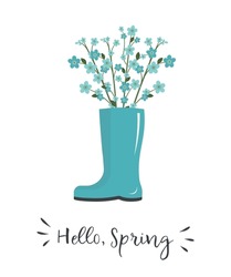 Bouquet Of Blue Flowers In Blue Rain Boot. Spring Primrose Flowers. Hello Spring Concept. Floral Composition. Vector Illustration On White