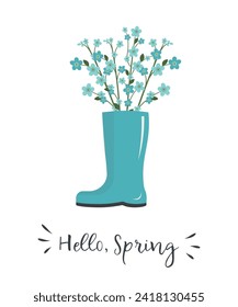 Bouquet of blue flowers in blue rain boot. Spring primrose flowers. Hello Spring concept. Floral composition. Vector illustration on white