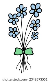 Bouquet of blue flowers. The flowers are tied with a green bow. Color vector illustration. Cartoon style. Opened petals. Isolated background. Idea for web design, postcards, invitations.