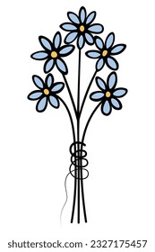 Bouquet of blue flowers. The flowers are tied with thread. Color vector illustration. Cartoon style. Flowering plants. Isolated background. Idea for web design, postcards, invitations.