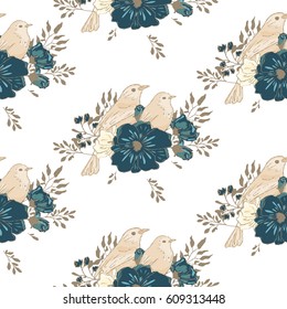 Bouquet of blue flowers with two birds.  wallpaper seamless  flower pattern.  Delicate floral background. blue  gold graphic print