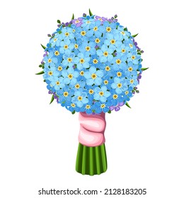 Bouquet of blue forget-me-not flowers with a pink ribbon. Isolated vector illustration