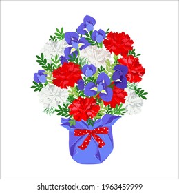 A bouquet of blue irises, red and white carnations. The flowers in the pot are decorated with a red ribbon with stars. Flower arrangement for decoration for the Independence Day of the United States.