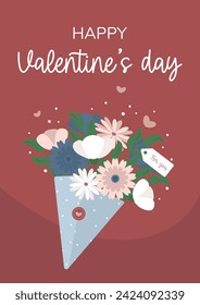 Bouquet of blue, pink, white flowers with a tag for you on a red background. February 14, Valentine day. Flat Vector illustration of EPS10.