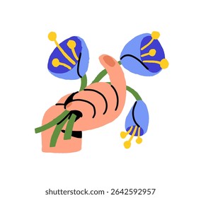 Bouquet of blue tulips is in human hand. Person holds posy of elegant flowers. Bunch of wildflower with leaves. Cut branches of bloom plants, floral gift. Flat isolated vector illustration on white